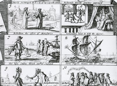 Rebellion, die Wirkung der Klöster; Somervilles Eile, die Königin zu töten; Die spanischen Botschafter aus England vertrieben; Zerrissene Papiere, die ins Schiff geweht werden (Detail) von English School